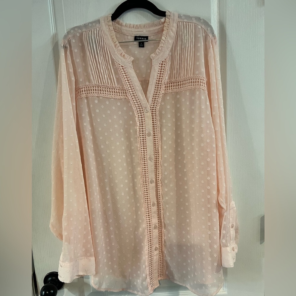 Torrid Light Pink Sheer Blouse with Crochet Accents